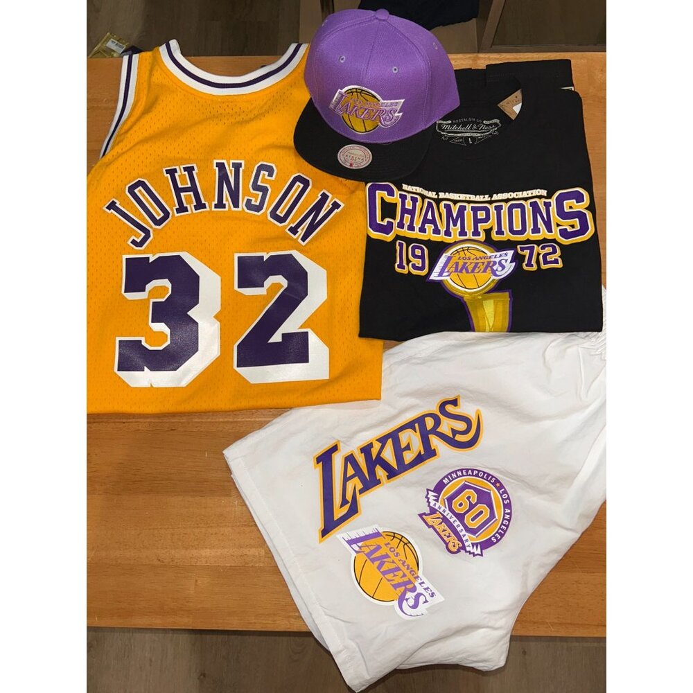 INSANE NWT Lakers Bundle: Magic Johnson Jersey, Lakers Hat, Shirt, Shorts $292